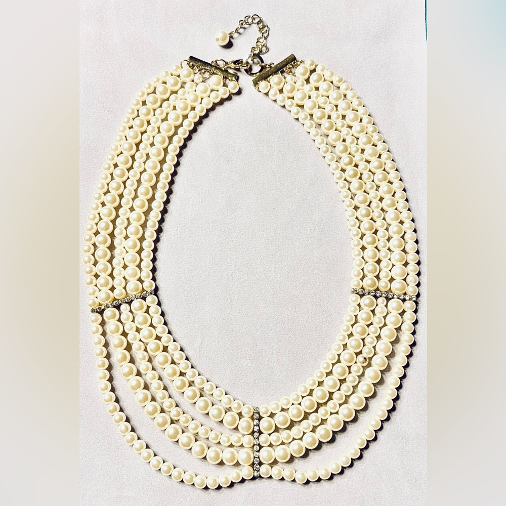 Pearl Necklace Macys. 5 Strand Faux Pearls. Clasp & rhinestone clips goldtone.